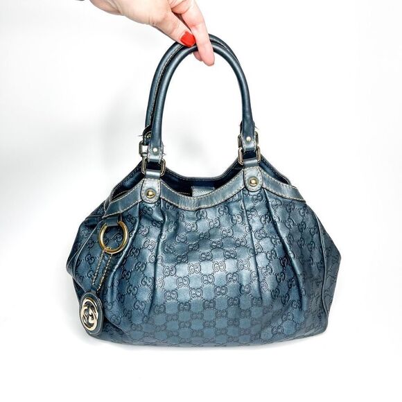 🍋 Gucci Blue Guccissima Leather Medium Sukey Satchel Bag - Picture 1 of 9
